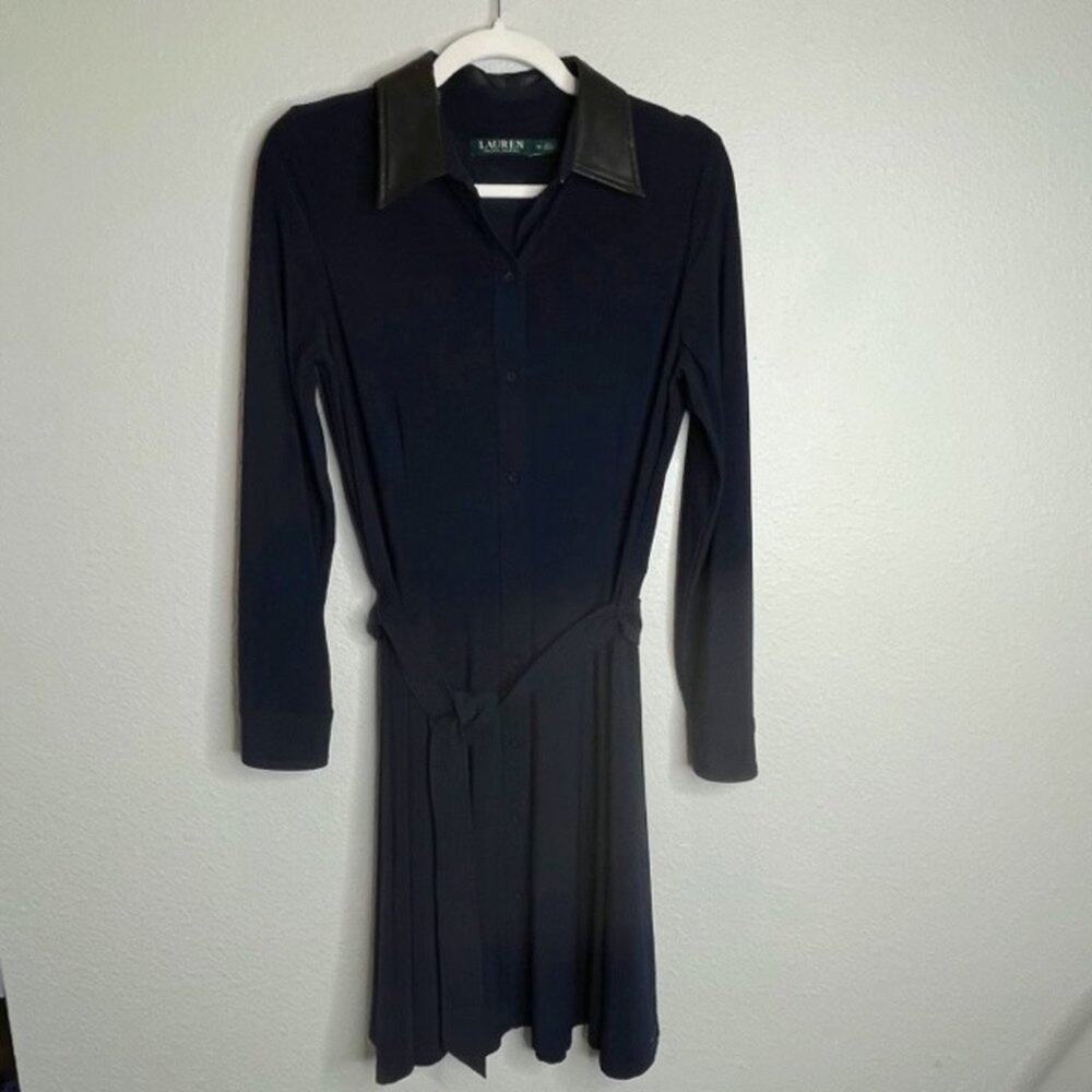 Lauren Ralph Lauren Size 10 Navy Belted Fit & Flare Shirt Dress